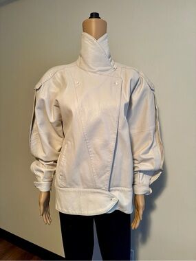 80s Vintage Nancy Heller White High-Neck Leather Jacket S/M